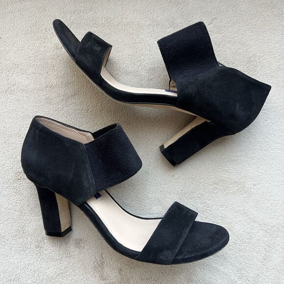 Stuart Weitzman Ezra 80 Black Suede Black Heel Sandal Women 5.5 Wide Strap Chic - Picture 1 of 13